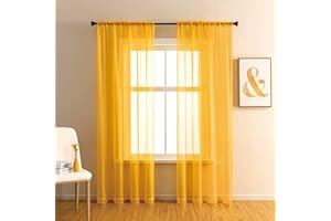 GYROHOME Basic Rod Pocket Sheer Voile Curtain, Sunlight Filtering Protect Privacy Polyester Sheer for Bedroom Patio Door Set of 2Panels, Gold Yellow, 132x274cm