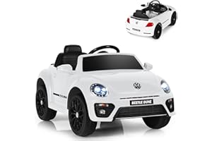 GYMAX Kids Ride on Car, 12V Licensed Volkswagen Beetle Battery Powered Car with Remote Control, Bluetooth, USB, FM, Music, Spring Suspension&Slow Start, Children Electric Vehicle for Girls Boys(White)