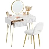 EUGAD Dressing Table with LED Light, Velvet Stool, 2 Drawers, Quick | Rotating Round Mirror, Adjustable Brightness, Vanity Ma