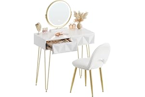 EUGAD 0056SZT Toaletka z oświetleniem LED w 3 kolorach światła, tapicerowane aksamitne krzesło, toaletka z 2 szufladami z litego drewna, z efektem 3D, lustro obracane o 360°, kolor biały + złoty