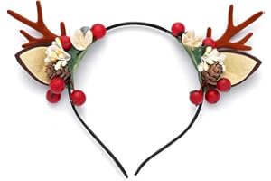 Unicra Fascia natalizia con corna di cervo e fiori, cerchietto per capelli con corna di cervo, accessorio per Halloween, per donne e ragazze