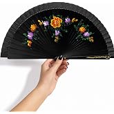 Coverzone Siyah Zeminli Katlanabilir El Yelpazesi Sarı Mavi &Ccedil;i&ccedil;ek Desenli Ahşap Saplı Dekoratif El Yelpazesi 40x22 cm Gelenek