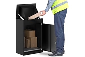 BELOFAY Wall-Mounted Parcel Box Outdoor, Lockable Steel Delivery Box for Parcels with Flip Lid & Secure Front Door Access, Black, Medium Size Post Box for Frequent Internet Deliveries