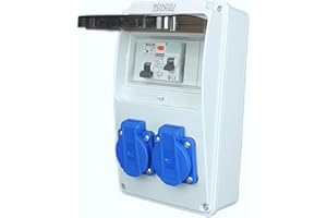 RoadEu - Distribuidor de corriente 230V, 2 enchufes, interruptor diferencial y C16A. Cableado Caja cuadro electrico IP44, Ideal como distribuidor de pared para talleres, cobertizos o jardines