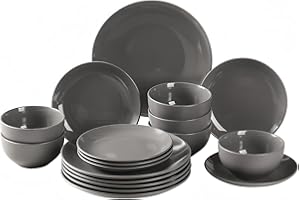 simpa 18PC Grey Glazed Ceramic Stoneware Dinner Set. 6 Dinner Plates, 6 Side Plates & 6 Bowls. Dishwasher & Microwave Safe.