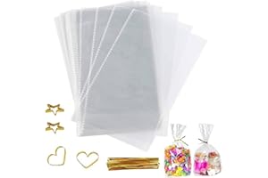 OMBRISA Bolsas Celofan Transparente 15x25cm, 100PCS Bolsas para Chuches con 100 Lazos Retorcidos, Bolsas Plastico Pequeñas para Rellenar Repostería Bollería Galletas Dulces Postres Regalos