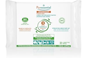 Puressentiel - Assainissant - Lingettes désinfectantes Mains & Surfaces – A l’Aloe Véra et Aux 3 Huiles Essentielles – 100% compostables, 100% fibres naturelles – Sans Javel - Alcool Végétal - x32
