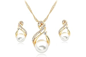 Lilingyu Pearl Drop Set Jewellery Set for Women Wedding Necklace Earrings Set Jewelry Sets for Bridal Crystal Teardrop Necklace Dangle Earrings