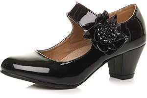 AJVANI Womens Ladies Low Block Kitten Heel Mary Jane Style Flower Leather Lined Work Court Shoes Pumps Size.