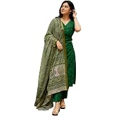 GoSriKi Kurta Set Women Viscose Printed | Kurti Set Woman | Kurta Pant Dupatta 3 Piece Outfit | V-Neck Elbow Length Sleeve St