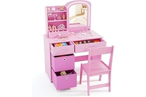 GYMAX Kids Vanity Table and Chair Set, Wooden Children Dressing Tables with 2-Color LED Lighted Mirror, Drawers, Shelves & Removable Bins, Girls Makeup Desk Set for 3 Years Old+ (Pink)