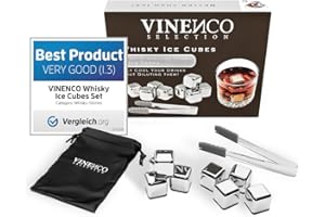 VINENCO Cubetti di Ghiaccio Riutilizzabili, Set Pietre Acciaio & Basalto da Whisky Refrigeranti + Pinza + Bustina | Aperitivo Accessori Bar: Cocktail Whiskey Ice Cube Stone Kit, Idea Regalo Donna Uomo Festa