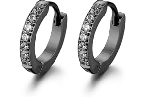 JewelryWe Schmuck Creolen Edelstahl Zirkonia Kreolen Klappcreolen Huggie Ohrringe für Damen Herren 13MM, Schwarz Gold Rosegold Silber