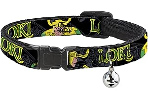 BUCKLE-DOWN Collar de Gato Breakaway Loki In Action Negro, Gris, Amarillo, Verde, 8 a 12 Pulgadas, 0.5 Pulgadas de Ancho