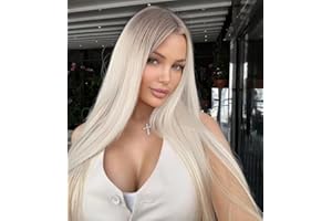 VEBONNY Ombre Platinblonde Lace Front Perücke mit Braunen Wurzeln 613 Synthetik-Haarperücken 22 Zoll Seidig Glatt Klebstofffreie Lace Front Perücken VEBONNY 036neu