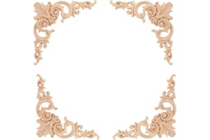 LIOOBO 4pcs Solid Wood Carved Flower Corner Applique Decorations Unpainted Wall Cabinet Ornaments European Style Wood Carvings for Home Decor