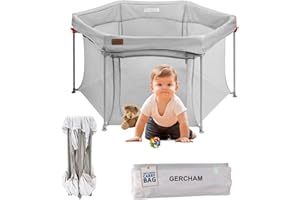 GERCHAM Baby Laufstall Faltbar, Tragbar, für Apartment, Sechseckig, mit atmungsaktivem Mesh-Netz, Bällebad, Zelt für Kinder 135x135cm, Grau