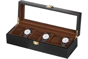 GUOLICH Caja de Almacenamiento de Reloj 6 Ranuras Caja de Soporte de Exhibición de reloj Pulsera de Joyería de Madera Maciza Organizador de Colección con Tapa de Vidrio Negro