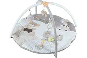 MiniDream Jumbo Baby Play Gym, Activity Playmat for Baby Floor Play with Three Detachable Toys, Music, Rattle, Baby Safe Mirror & Baby Sensory Tool Padded with Soft Cotton for Infant & Newborn - Beige