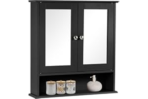 Taylor & Brown Double Door Mirrored Bathroom Cabinet Storage Cupboard Organiser Wall Mounted Mirror Cabinet with Adjustable Shelves, Black 56cm x 13cm x 58cm