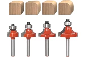 AKYLIN Lot de 4 Fraises Quart de Rond à Tige de 6 mm, Rayons des Embouts 3, 6.35, 8, 9.5 mm, Fraises à Bords Ronds avec Roulement à Billes Pour Bois