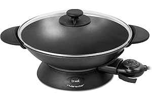 RIVIERA & BAR riviera&bar Wok Électrique Expert 5L - Cuve en Fonte d'Aluminium, Couvercle en Verre, Thermostat Réglable 10 Positions, Cuisson Polyvalente et Nettoyage Facile - Pour 8 Personnes - Noir