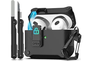 RFUNGUANGO Custodia compatibile con Airpods 3, clip di blocco sicuro, protezione rigida e antiurto per tutto il corpo, custodia pop-up automatica compatibile con AirPod 3rd 2021, nero