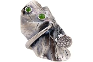 ForFox Schwarz Breite 990 Sterling Silber Lotus Blatt Ring mit Natürlich Grün Jade für Damen Offen Verstellbar