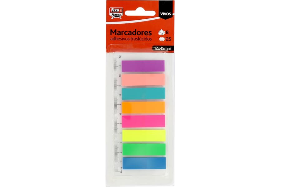 Fixo Notes - 200 Marcadores Adhesivos Colores Surtidos con Regla 12cm, PET Tráslucido, Tamaño 12x45mm, Puedes Escribir con Lá