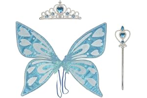 DISDAIN Fairy Wings for Girls, 3 Piece Blue Butterfly Wings Kids Crown Magic Wand Set, Suitable for Adult Halloween, Christmas, Birthday Party Costume Fairy Wings