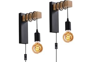 ‎SENFAY Vintage Wandlampe mit schalter und stecker, E27 Wandleuchte Schlafzimmer Schwarz, Retro Industrial lampe aus metall und holz, Innen Wandbeleuchtung für Wohnzimmer Schlafzimmer Treppen Flur, 2 Stücke