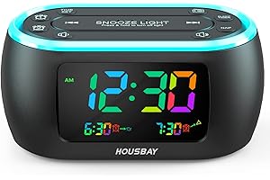 HOUSBAY 3 in 1 Alarm Clock for Bedrooms- Clock Radio & Night Light, Rainbow Digit, Dual Alarm, Small Radio Alarm Clock for Kids, Teens