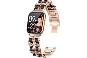 Blueshaweu Damen Kettenbänder Kompatibel mit SWGOTA 2023 Smartwatch Damen 1.85", Edelstahlband Lederschlaufe Ersatzarmband für SWGOTA CS2PRO Smartwatch