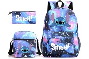 TEMOLIE Stitch plecak 3 szt. dla dzieci piórnik, torby na ramię młodzieżowa kreskówka szkoła torba na książki modna praktyczna torba odpowiednia dla nastolatków i studentów, Niebieski 1, Jeden rozmiar,