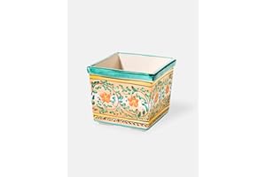 Terrecotte del Sole - Cassetta in ceramica siciliana originale decoro floreale verde acqua, giallo e arancione 30 x 30 x 24 cm, realizzata e decorata a mano.