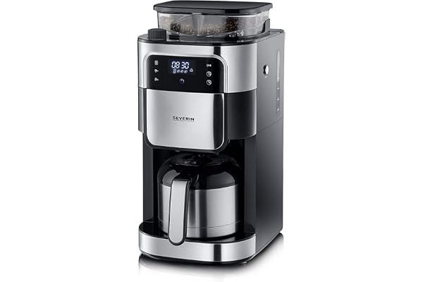 SEVERIN Cafetière avec broyeur intégré 1 000 W, Machine à café programmable avec minuteur, Cafetière filtre avec verseuse isotherme d'une contenance de 8 tasses, Noir/Inox, KA 4814