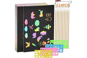 BUYGOO Kratzbilder für 100 Blätter Kratzpapier Rubbelbilder Kratzbilder 19x13cm Regenbogen Kratzblättern zum Freirubbeln Zeichenpapier Zeichnen Basteln mit Schablonen Holzstiften Zubehör