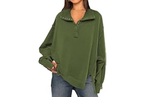 OLIPHEE Sweatshirt Femme Sweat Patchwork Grand Col V avec Boutons Pull Vintage Grande Taille Sweat Femme sans Capuche Col Roulé Manches Longues Sweat Oversize Femme Casual Sportwear