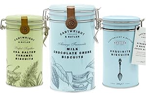 Cartwright & Butler | Trio di latta per biscotti | Presentato nelle nostre scatole riutilizzabili con coperchio a clip | Include pezzo di cioccolato al latte, caramello salato e fragola e biscotti al