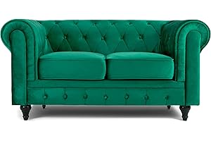 Bravich Velvet Chesterfield Sofa- Green. 2 Seater Settee, Soft Plush Fabric Couch. Living Room Furniture, Easy Clean. 2 Seater- 160cm x 90cm x 78cm