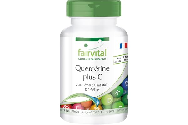 fairvital Gélules de quercétine à la vitamine C, 120 gélules, HAUTEMENT DOSÉ, 250mg de quercétine plus 300mg de vitamine C par gélule, VÉGÉTALIEN, antioxydant