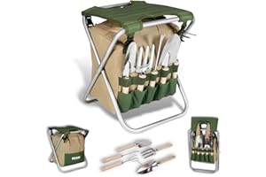 BIKAIN - Herramientas de Jardinería - Taburete Plegable + Bolsa + Herramientas - Kit de Jardinería - Bolsa de Almacemiento con Cremallera - Incluye 5 Herramientas con Mango de Madera