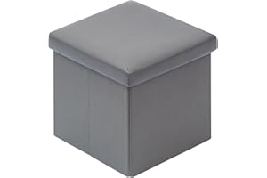 Bonlife Small Folding Ottoman Storage Box Seat,Kids Foldable Toy Chest with Lid,Faux Leather Cube Footstool for Living Room Light Grey,30x30x30cm