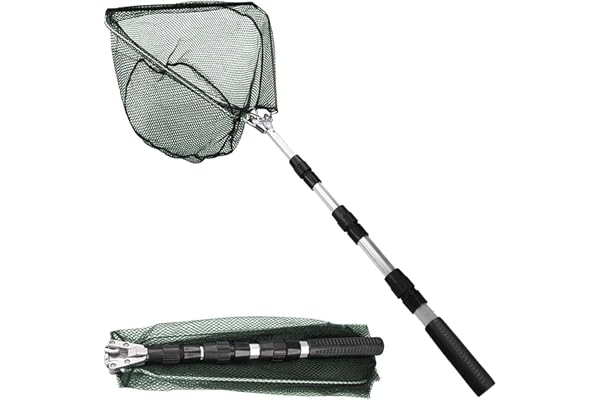 QiMan håv fiske, 130 cm vika fisknät, stabil triangulär ram, fiskehåv, gummerat för damm, bäckar, sjöar och båtfiske, vuxna och barn utomhus spiktillbehör