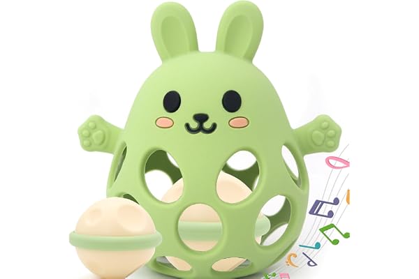 Jouet de Dentition Bébé Balle Naissance 0-3 Mois, Jeu Sensoriel et d'Éveil, Hochet Développement Éducatif, Cadeau pour Enfants Filles et Garçons 3 6 9 12 Mois 1 An (Vert olive, Lapin)