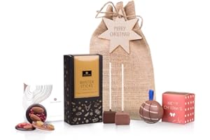 CHOCOLISSIMO Set regalo natalizio in sacchetto di juta - Natale | Bal di Natale al cioccolato | 6 cioccolatini rotondi con condimenti | ChocoStick per fare cioccolata calda | Regalo | Presente | Bambini | adulti