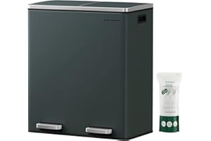 SONGMICS Cubo de Basura, 2 x 30 L, 2 Cubos, Reciclaje, Pedal de Metal, 15 Bolsas de Basura, Cubos Interiores de Plástico y Asas, Tapa con Bisagras, Cierre Suave, Hermético, Gris Verdoso LTB60GS