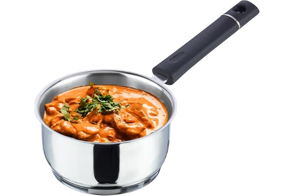 Vinod Tivoli Stainless Steel Saucepan - 1.1 Litre, 14 cm Sandwich Bottom for Even Heating, Bakelite Handle Tea Pan, Induction Utensil for Milk Boiling, Chai, Sauce Pot Perfect for Daily Cooking