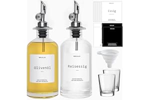 ‎BIKALAN BIKALAN Essig und Ölflaschen Set, Kaffee Sirup Spender, Ölspender, Mundspülung Kaffeesirupspender Automatisches Öffnen und Schließen Olivenöl Flasche, mit 22 Aufkleber, 2 Bechern, Trichter