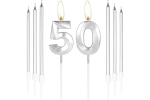 MCISKIN Silber 50. Geburtstag Kuchen Kerzen Zahl 50 Kerzen mit 6 Stück langen Kerzen, Partykerzen für Kuchen, Silberkerzen Kuchendekorationen für Jungen, Mädchen, Männer, Frauen, 50. Geburtstag Dekorationen